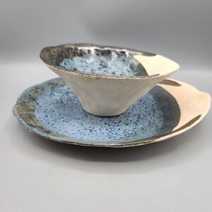 Hobby Lobby Sand Seaside Breeze Blue Gray Tan Pottery Trinket Bowl Plate